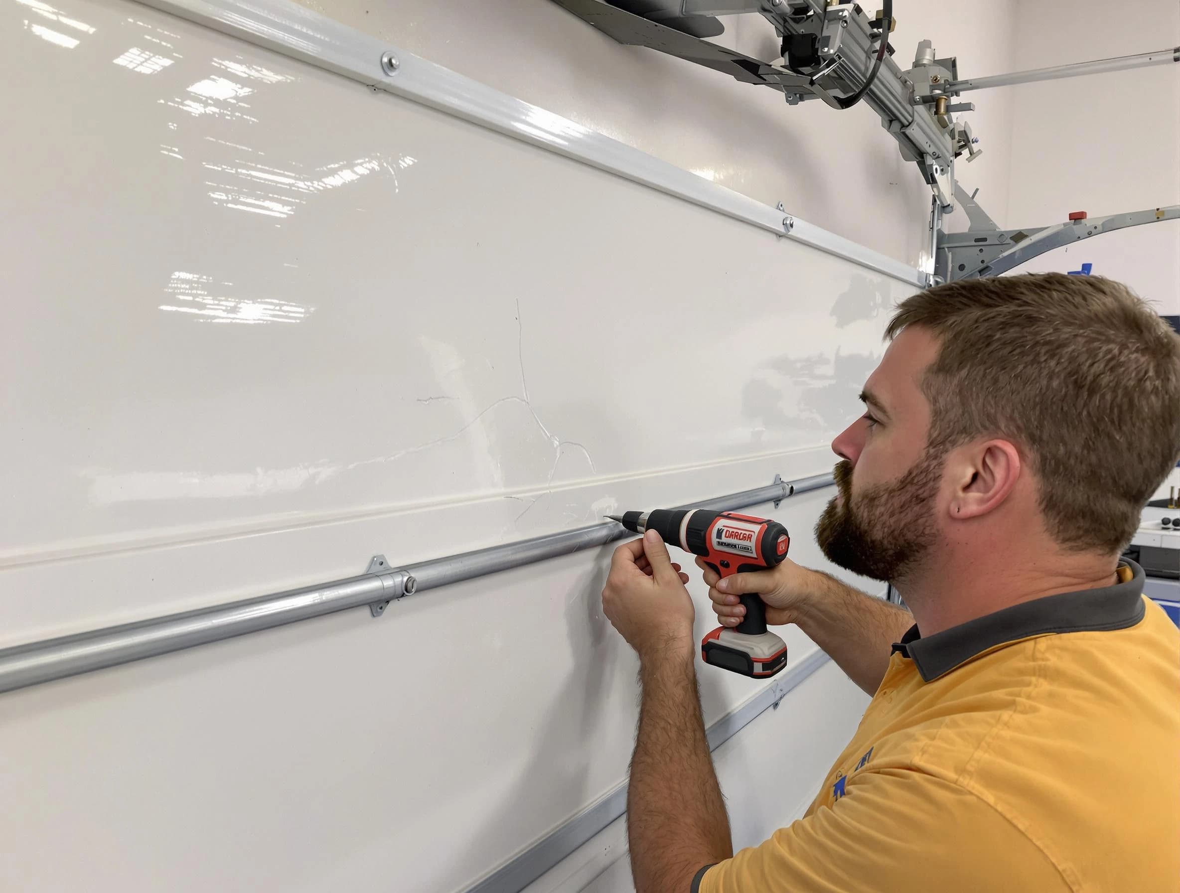 Goodyear Garage Door Repair expert performing dent repair on garage door in Goodyear