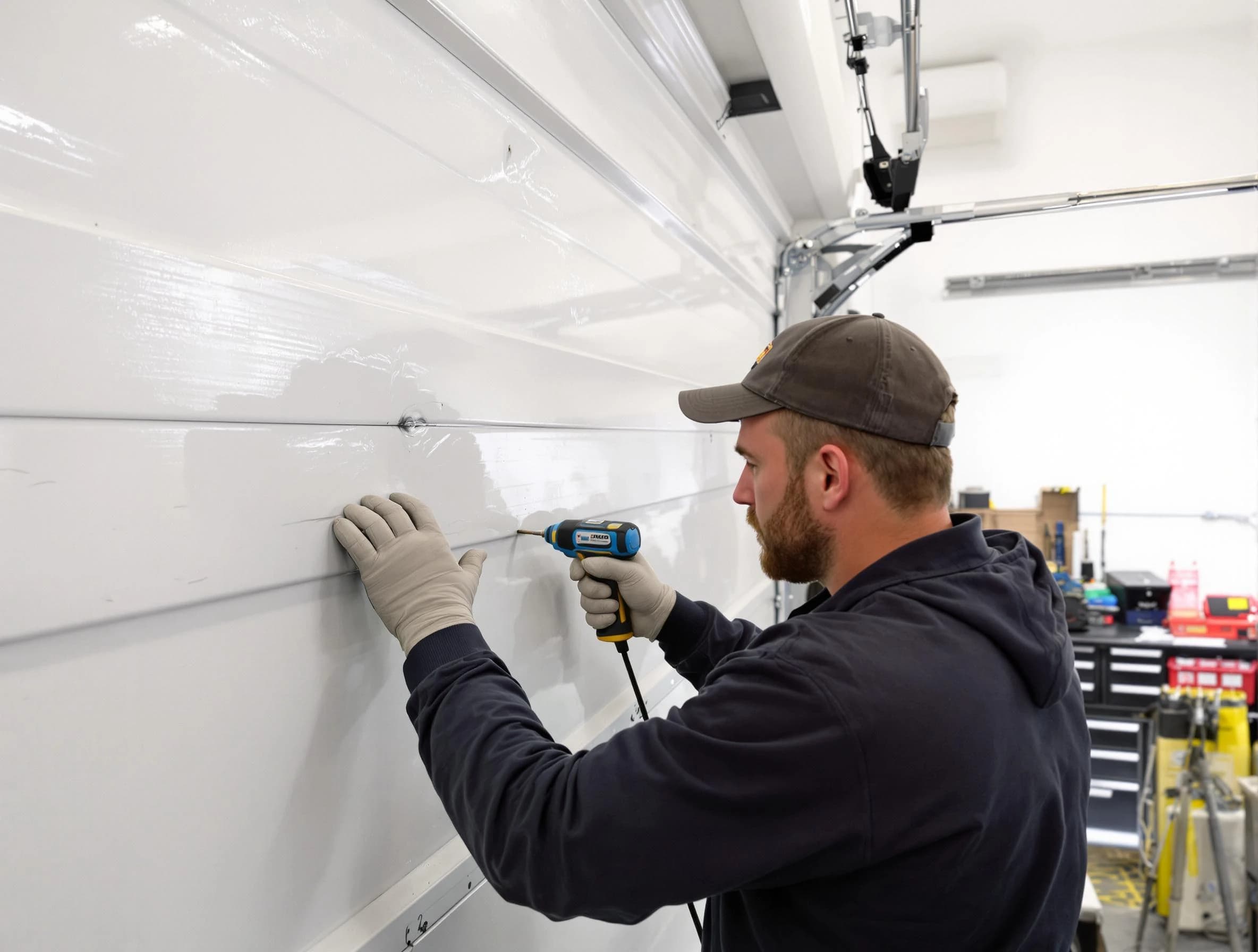 Goodyear Garage Door Repair technician demonstrating precision dent removal techniques on a Goodyear garage door