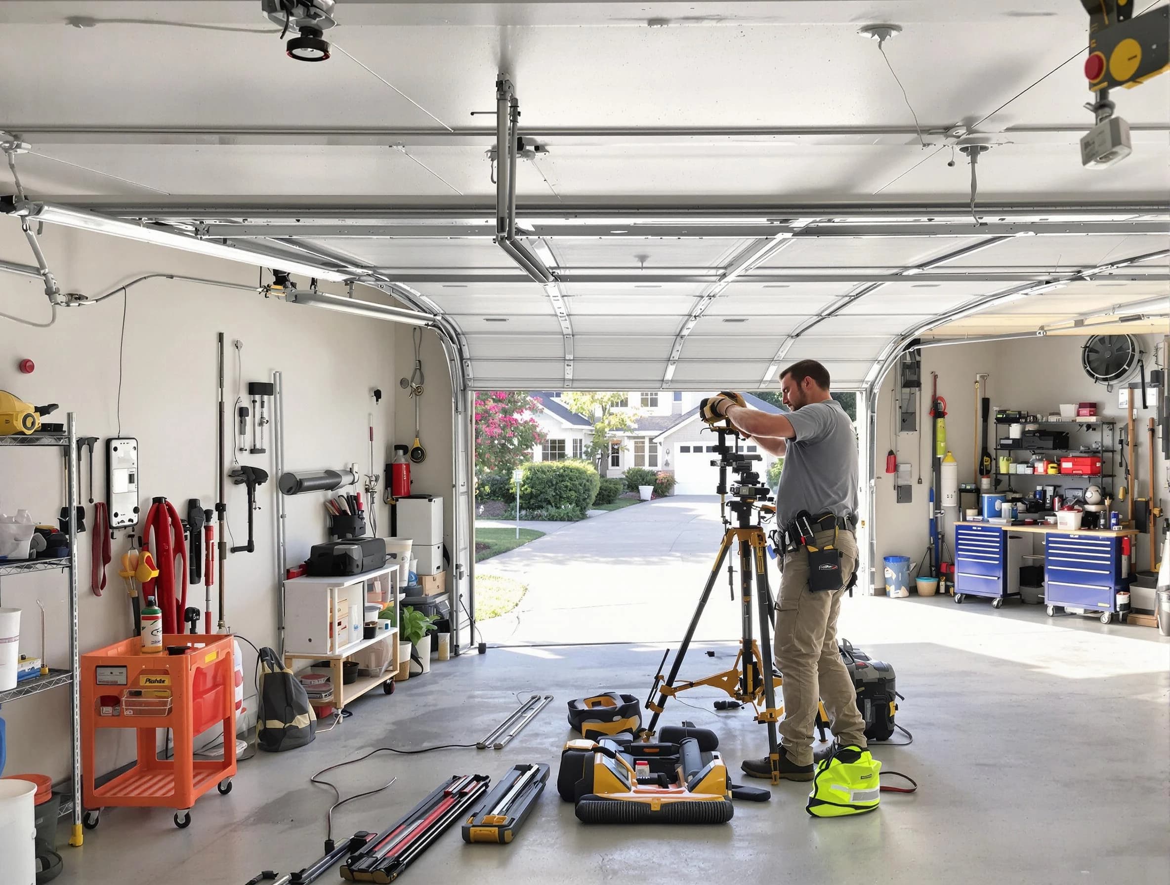 Goodyear Garage Door Repair specialist performing laser-guided track alignment in Goodyear